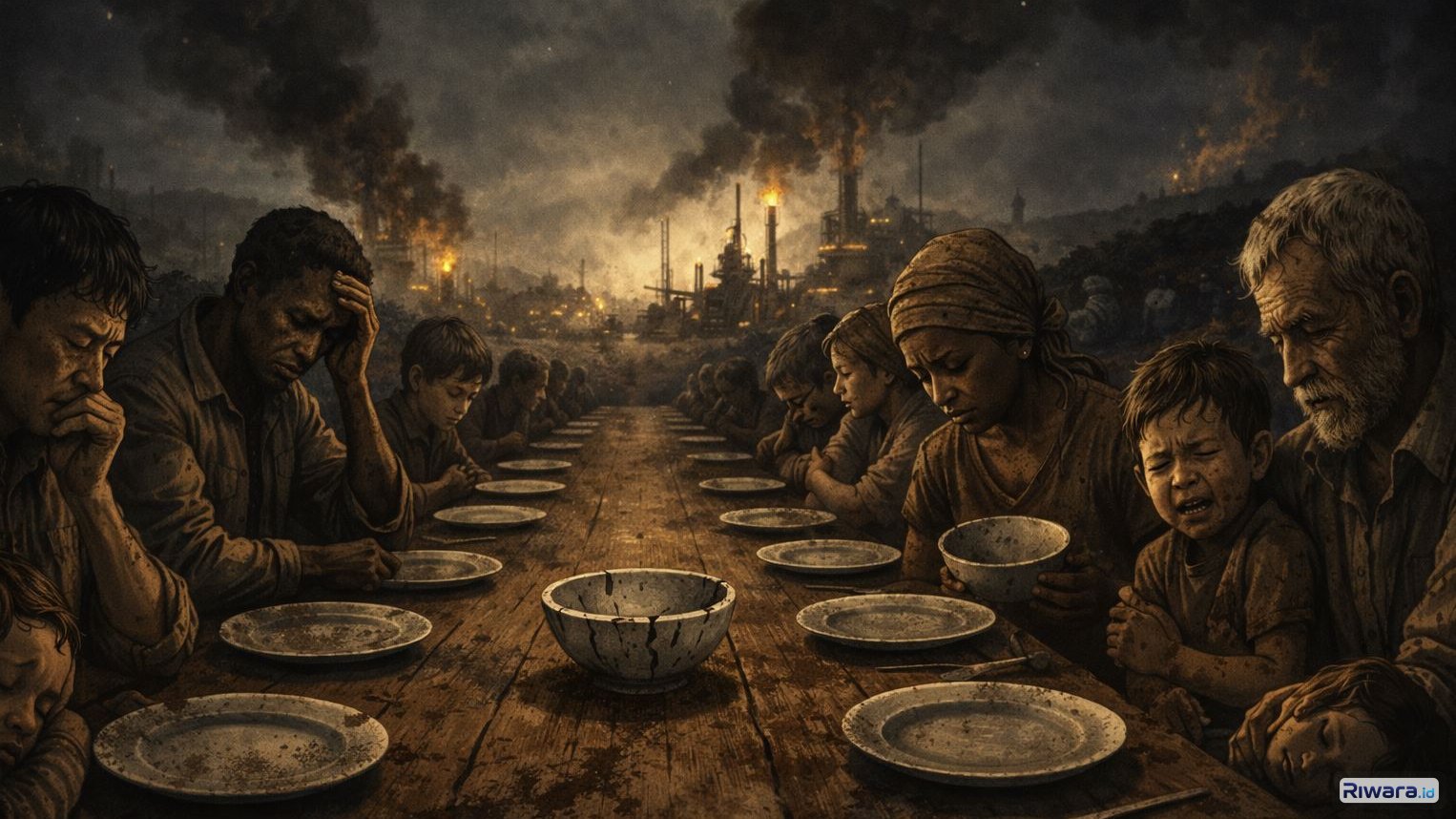 Ilustrasi kelaparan dan kemiskinan karena perang, dibuat dengan bantuan ChatGPT AI